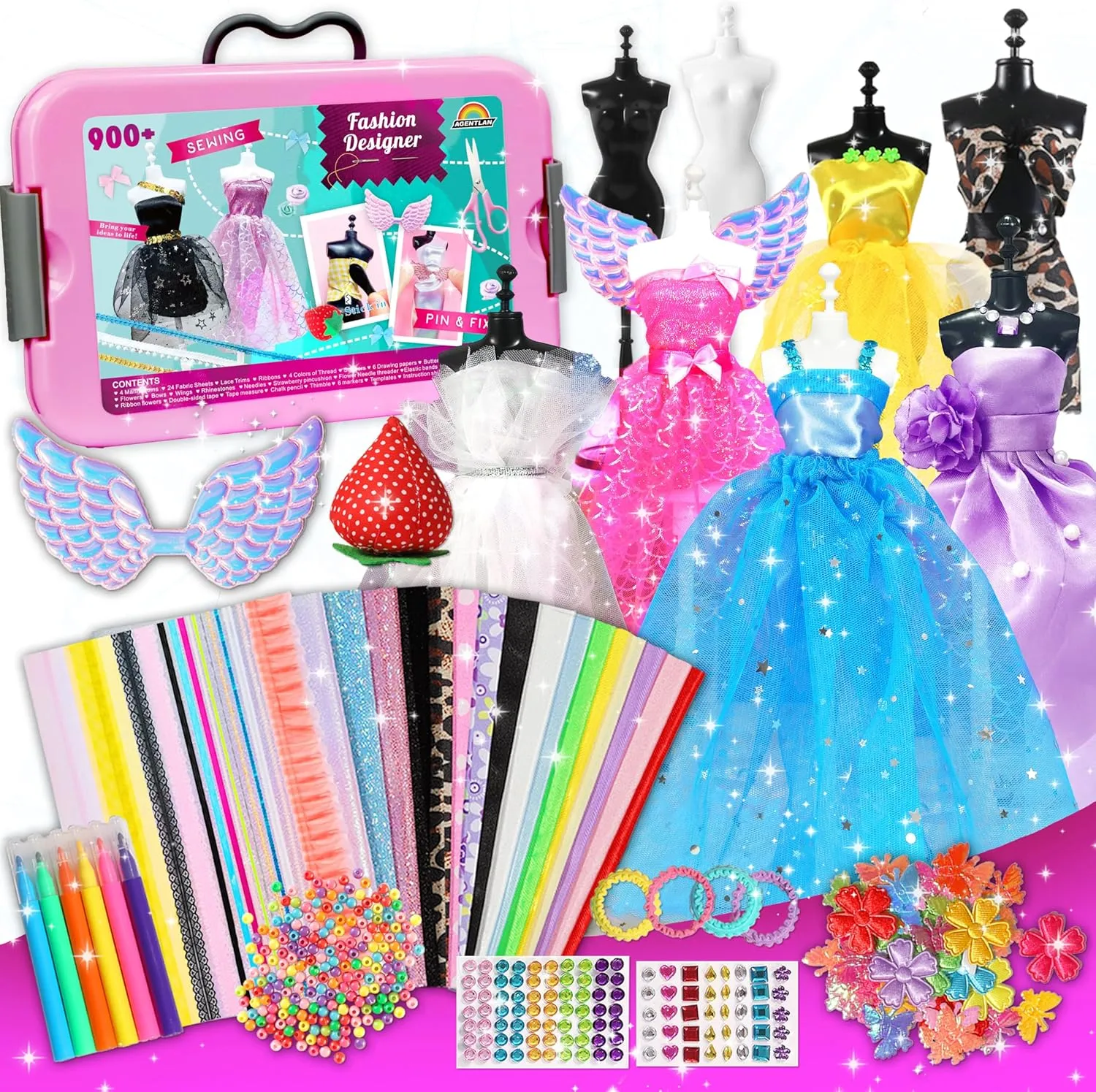 AGENTLAN 900  Fashion Designer Kits for Girls with Mannequins-Kids Sewing KitsGirls Fashion Design GiftArts and Crafts KitGirl Craft Activities Age 6 7 8 9 10 11 12