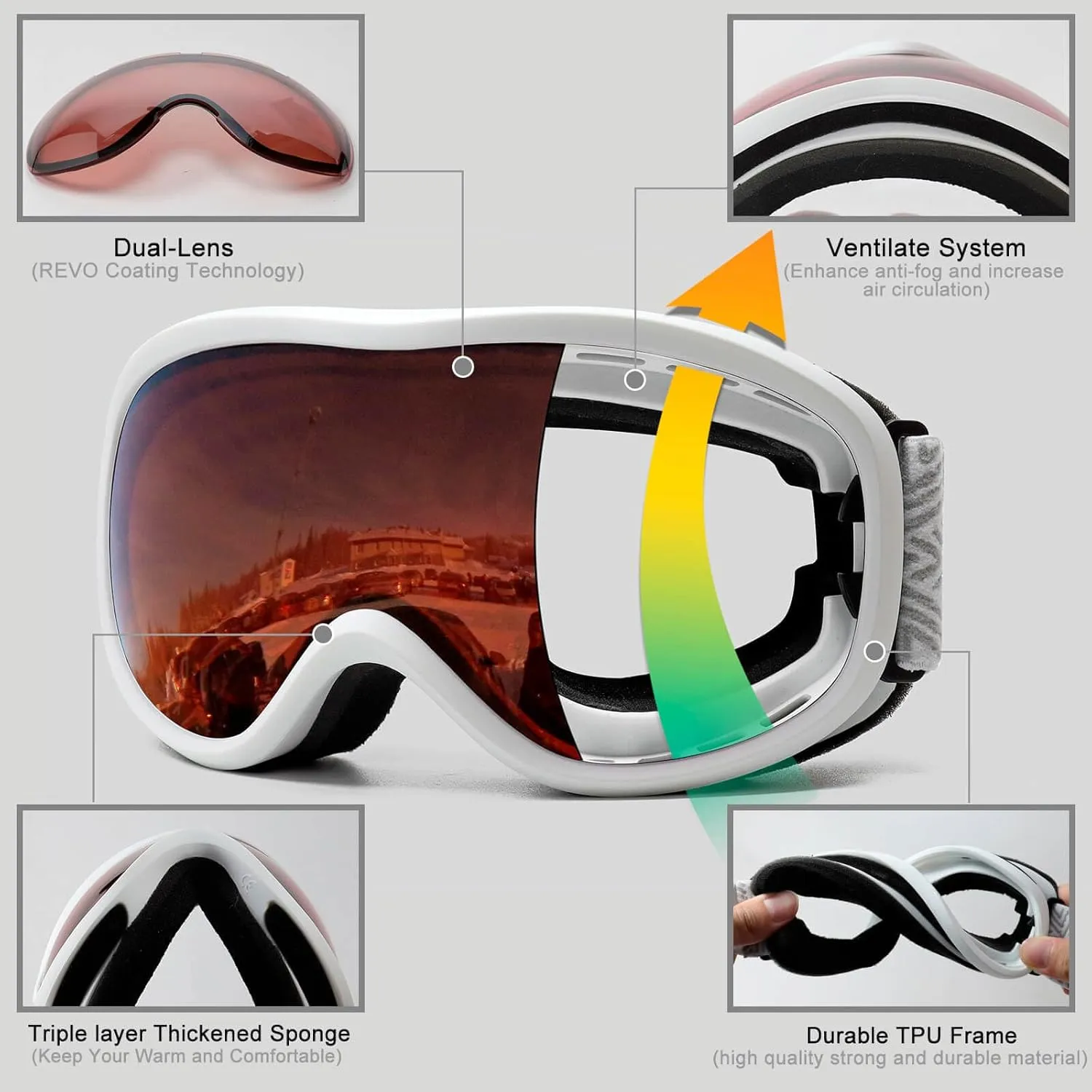 AVV OTG Ski Goggles for Men Women With Anti-Fog Dual Layer lens, UV400 Snow Goggle for Snowboarding Snowmobiling Skating