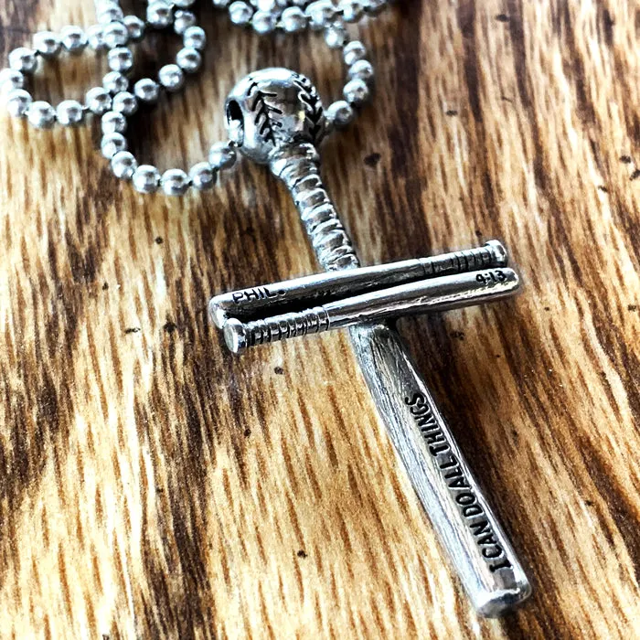 Baseball Bat And Ball Cross Necklace Pewter