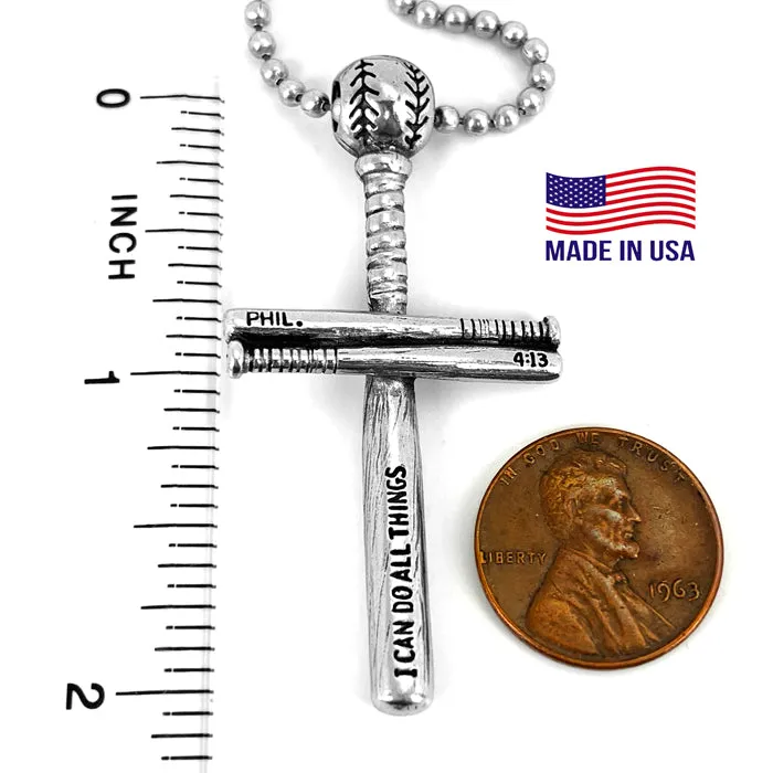 Baseball Bat And Ball Cross Necklace Pewter