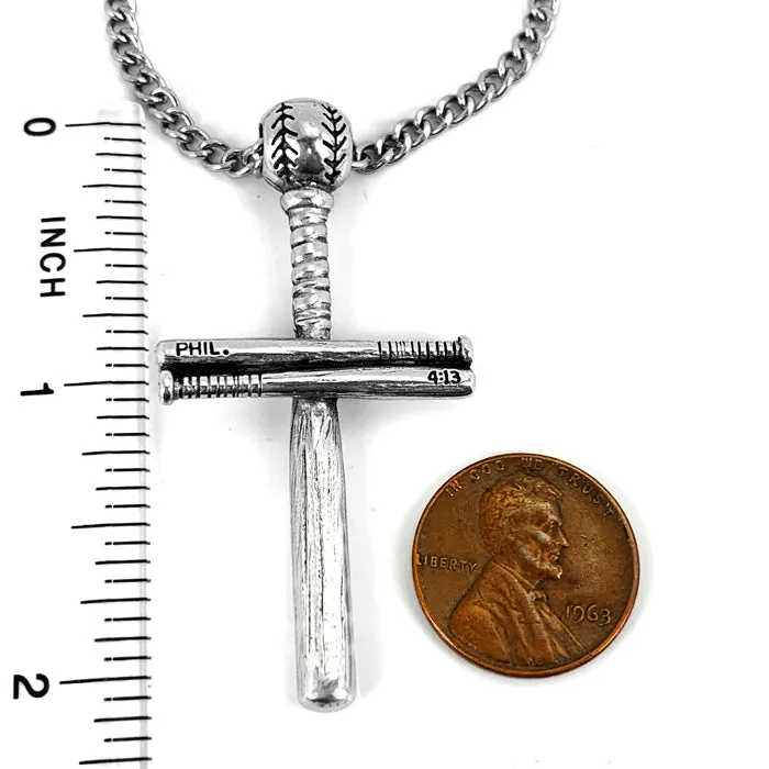 Baseball Bat And Ball Cross On Curb Chain Necklace Antique Pewter