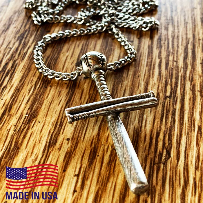Baseball Bat And Ball Cross On Curb Chain Necklace Antique Pewter