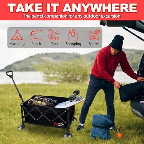 Bossicar Wagon Cart Heavy Duty Foldable 【2024 New Upgrade】 Collapsible Wagon with Smallest Folding Design, Utility Grocery Wagon Shopping, Sports, Camping and Garden (2024 High Luxury Black)