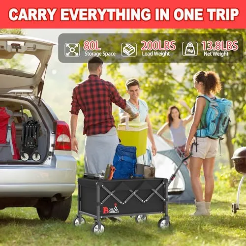 Bossicar Wagon Cart Heavy Duty Foldable 【2024 New Upgrade】 Collapsible Wagon with Smallest Folding Design, Utility Grocery Wagon Shopping, Sports, Camping and Garden (2024 High Luxury Black)