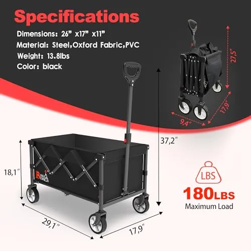 Bossicar Wagon Cart Heavy Duty Foldable 【2024 New Upgrade】 Collapsible Wagon with Smallest Folding Design, Utility Grocery Wagon Shopping, Sports, Camping and Garden (2024 High Luxury Black)