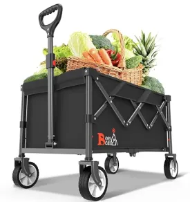 Bossicar Wagon Cart Heavy Duty Foldable 【2024 New Upgrade】 Collapsible Wagon with Smallest Folding Design, Utility Grocery Wagon Shopping, Sports, Camping and Garden (2024 High Luxury Black)