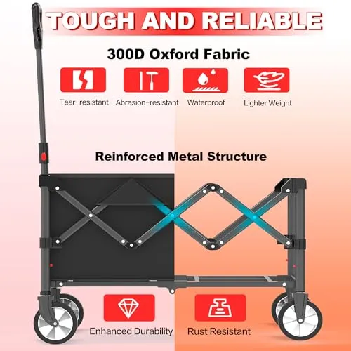 Bossicar Wagon Cart Heavy Duty Foldable 【2024 New Upgrade】 Collapsible Wagon with Smallest Folding Design, Utility Grocery Wagon Shopping, Sports, Camping and Garden (2024 High Luxury Black)