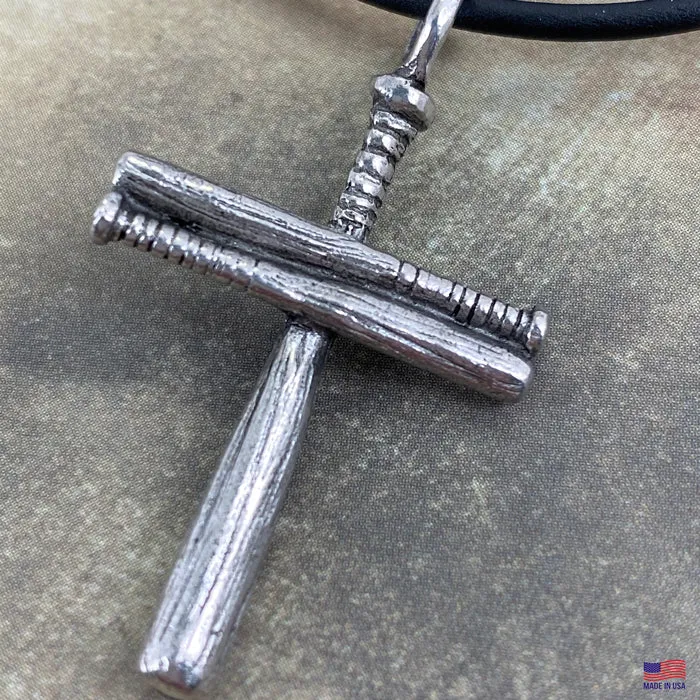 Cross Baseball Small Bat Plain Necklace Silver Finish