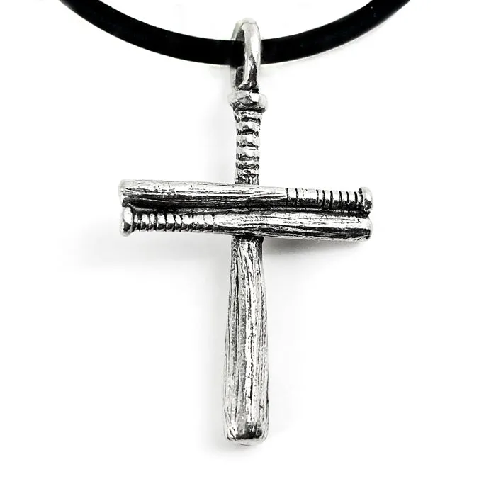 Cross Baseball Small Bat Plain Necklace Silver Finish