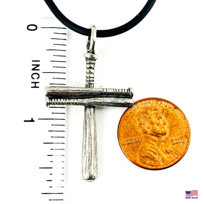 Cross Baseball Small Bat Plain Necklace Silver Finish