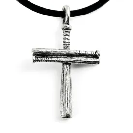 Cross Baseball Small Bat Plain Necklace Silver Finish