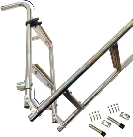 Heavy Duty Swim Deck Ladder Swimming Pool Foldable Stern Boat Ladder, Pontoon Boarding Ladders 3 Step Folding Pool Bass Ship Ladder with Wood Pedals, for Rear Entry Inboard Mounted
