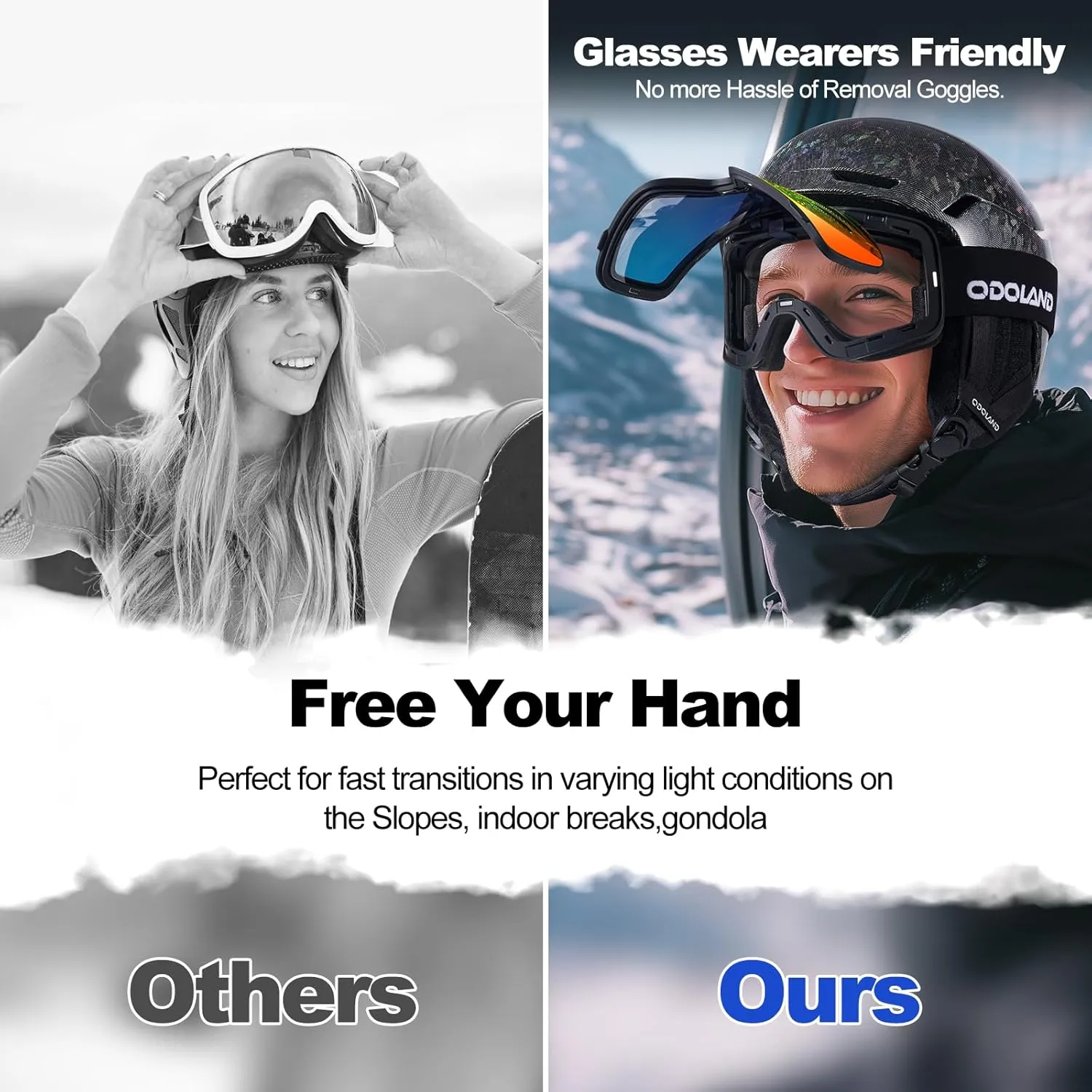 Odoland Flip Up Ski Goggles, OTG Anti-Fog Snow Goggles with UV400 Protection, Snowboard Goggles for Men Women Adult Youth