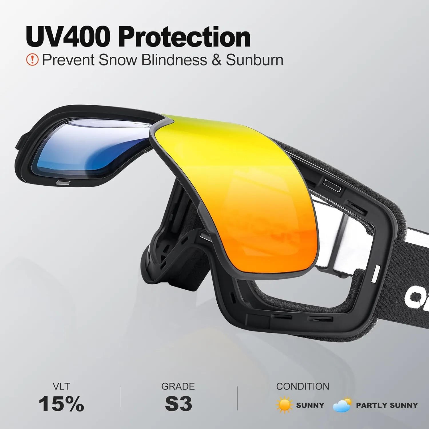 Odoland Flip Up Ski Goggles, OTG Anti-Fog Snow Goggles with UV400 Protection, Snowboard Goggles for Men Women Adult Youth