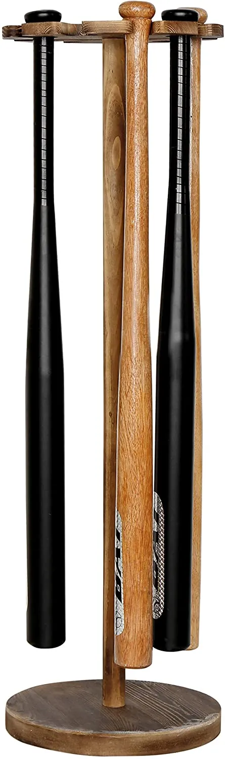 Rustic Wood Freestanding Baseball Bat Storage Display Rack, Holds 9 Bats