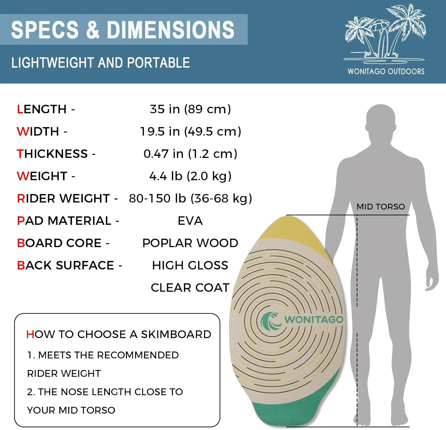 Skimboard with EVA Grip Pad and High Gloss Clear Coat, Durable Wooden Skim Boards for Kids and Adults, 35"/41"