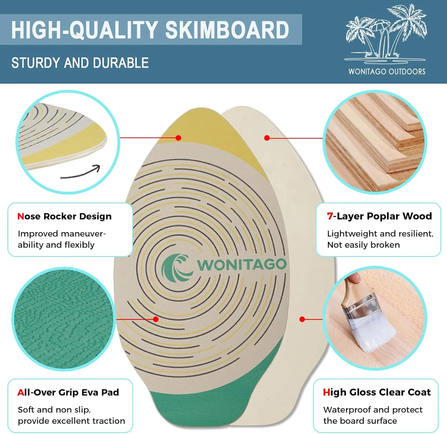 Skimboard with EVA Grip Pad and High Gloss Clear Coat, Durable Wooden Skim Boards for Kids and Adults, 35"/41"