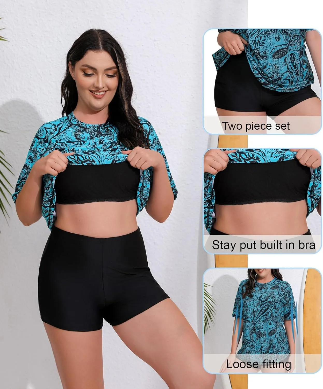 Women's Plus Size Two Piece Short Sleeve Rash Guard Sets with Built in Bra UPF50  Swim Shirt Top and Shorts