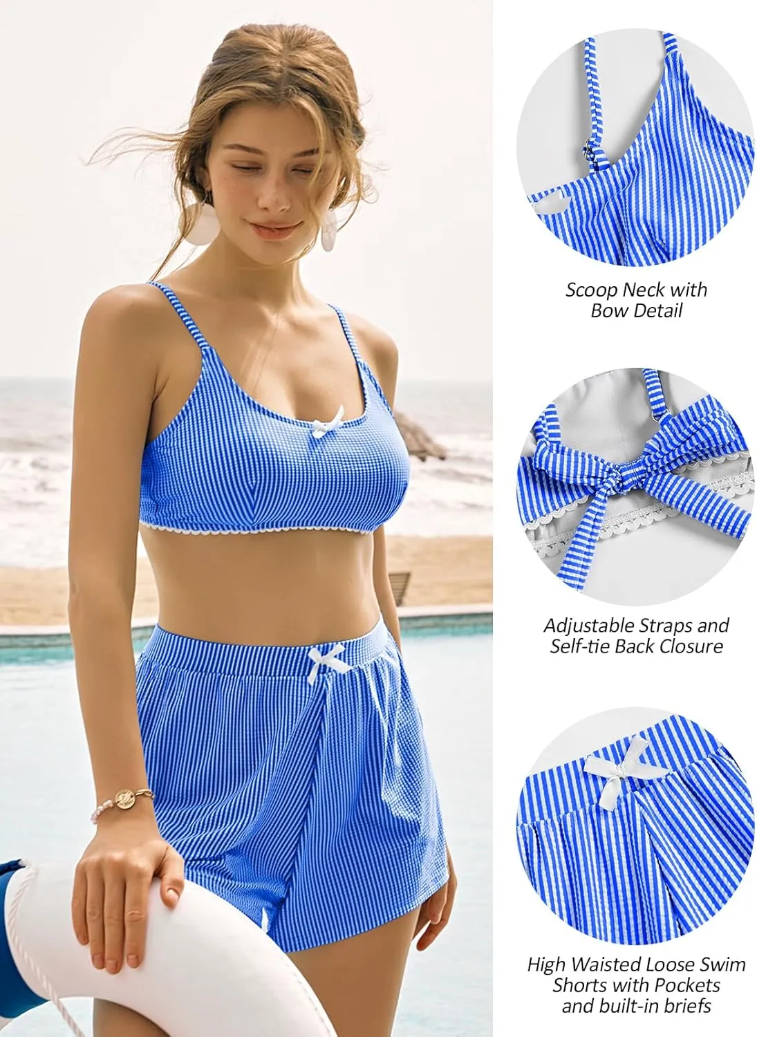 ZAFUL Womens Two Piece Swimsuits with Shorts Cute Striped Bikini Sets Casual Vacation Swimwear